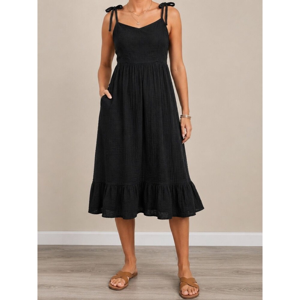 Old Navy Black 100% Cotton Gauze Cami Dress Sz M Tie Strap Smocked Bodice Pocket